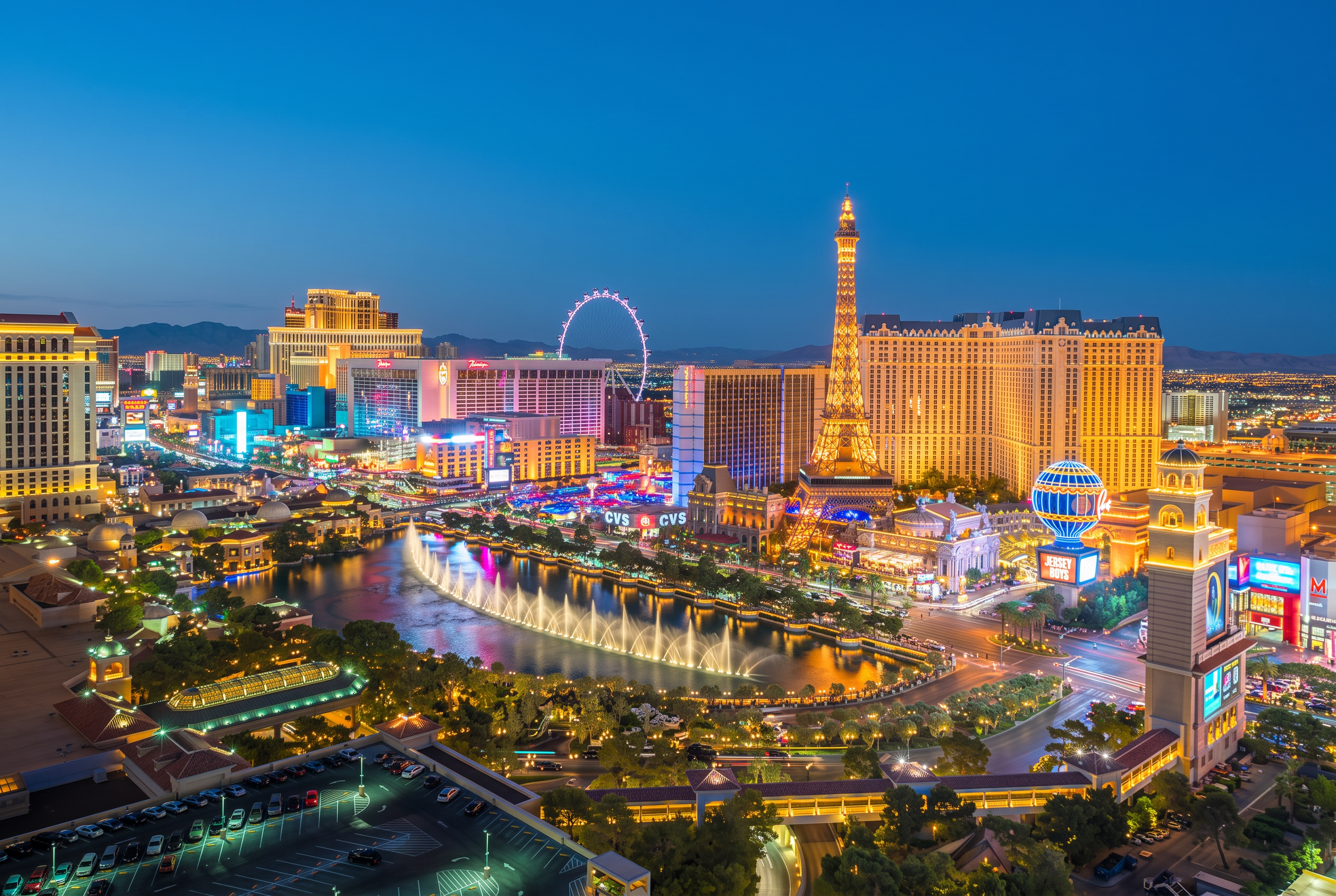 Aerial view of the Las Vegas Strip at night with the Bellagio fountains, Paris Eiffel Tower, High Roller, and glowing resort lights