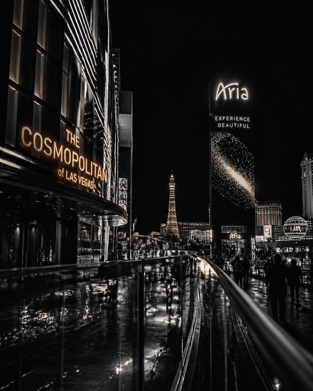 Las Vegas Strip at night with neon lights and iconic resorts